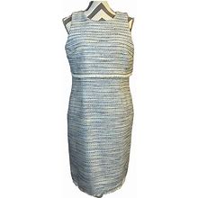 Ann Taylor Factory Dresses | Ann Taylor Striped Blue And Cream Tweed Sheath Dress Zip Up Size 12 P | Color: Blue/Cream | Size: 12
