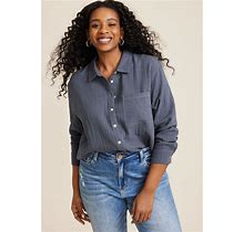 Maurices Plus Size Women's Cropped Double Cloth Relaxed Button Up Shirt Blue Size 3X