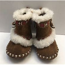 Place Brown Suede Leather Baby Girls Moccasin Boots Size 3-6 Mo.