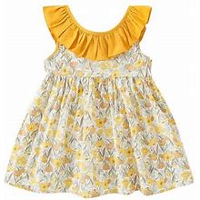 Girls Dress Sleeveless Round Neck Flower Dress Bow Cute Sweet Suspender Dress Princess Dress Yellow 6