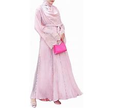 Women Muslim Maxi Dress Pleated Lace Flare Sleeve Dress Pink M