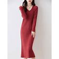Wool Women Knitted Dress V Neck Long Sleeve Jumpers Solid Midi Pullover Clothing