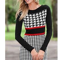 Venus Black Checkered Houndstooth Long Sleeve Sweater Dress
