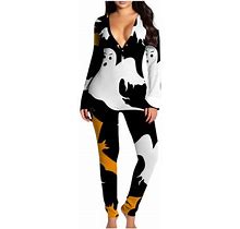 Halloween One Piece Jumpsuits For Women Clearance Women's Button-Down Functional Buttoned Flap Adults Leopard Printing Jumpsuit Black L