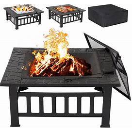 LEMY 32 Inch Outdoor Fire Pit Square Metal Firepit Backyard Patio Garden Stove Wood Burning Fire Pit W/Rain Cover, Faux-Stone Finish
