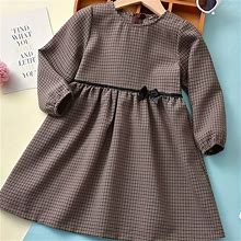 Girls Classic Bow Decor Plaid Dress Loose Fit Long-Sleeved Dress,Coffee,Reliable,By Temu