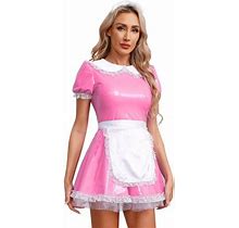 Chictry Womens French Maid Dress Glossy Patent Leather A-Line Dress Masquerade Dress-Up Party Cosplay Outfit Hot Pink 3XL