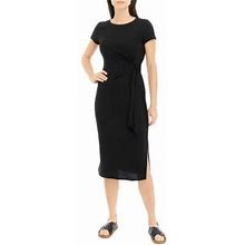 New Directions Women's Short Sleeve Baby Terry Tie Waist Midi Dress, Black, Small