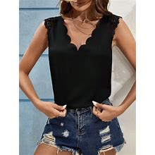 Women's Lace Patchwork V Neck Curved Hem Shirt Shell Collar Lace Sleeves Summer Clothes Women Tank Tops,S