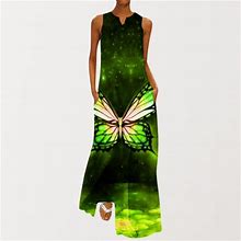 Finelylove Casual Summer Dresses Petite Formal Dresses For Women V-Neck Printed Sleeveless Maxi Green