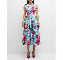 Talbot Runhof Tulip-Print High-Neck Cotton Pique Midi Dress, Turquoise, Women's, 4, Casual & Work Dresses Day Dresses Sundresses