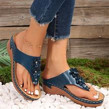 Floral Print Solid Color Faux Leather Open Toe Thong Sandals, Women's Platform Decor Soft Slip On Casual Summer Comfy Shoes,Blue,High Demand,Temu