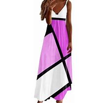 Women Summer Casual Sleeveless V Neck Long Geometric Color Matching Print Dress