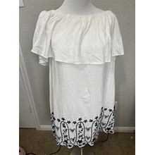 Old Navy White Linen Dress With Navy Floral Embroidery Sz L Beach Boho