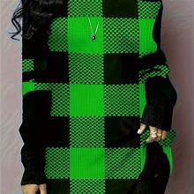 Plaid Pattern Crew Neck Top, Versatile Long Sleeve Top For Spring & Fall, Women's Clothing,Dark Green,Editor Choice,Temu