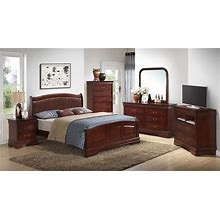 Glory Furniture G3100C Full Low Profile With PU Bed In Cherry With G3100 2 Drawer Nightstand, 6 Dresser, Mirror, 5 Chest