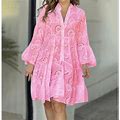 Finelylove Casual Dresses Cutout Dresses For Women Summer A-Line V-Neck Long Sleeve Long Pink Xxxl