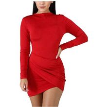 Sexy Long Sleeve Ruched Body-Con Mini Dress | Color: Red/White | Size: L