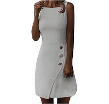 Efsteb Elegant Dresses For Women Solid Color Dresses Casual Round Neck Slim Summer Dress Sleeveless Dress Knee-Length Dress White L