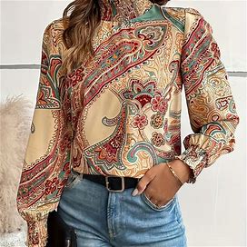 Print Paisley Shirred High Neck Blouse, Women's Paisley Print Boho High Neck Long Sleeve Women's Clothing Blouse,Mixed Color,Handpicked,Temu