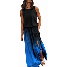 Crewneck Dresses Fashion Women's Sexy Summer Casual Sleeveless Round Neck Printing Fork Opening Dress Clearance