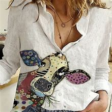Print Lapel Neck Woven Shirt, Women's Cow Print Casual Button Front Long Sleeve Women's Clothing Shirt,White,Handpicked,By Temu