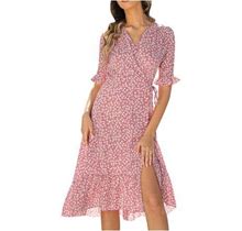 Bohemian Wrap Dress For Women Floral Printed V Neck Midi Dresses Ruffle Half Sleeve Summer Dresses With Tie Waist