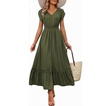 Dowerme Women Summer Dresses 2024 Petal Sleeve V Neck Hallow Out Button Down Smocked A-Line Lace Flowy Slit Maxi Dress
