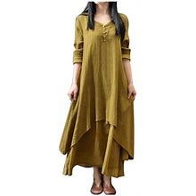 Haxmnou Womens Dresses Spring And Autumn Vacation Two Piece Art Flax Loose Sleeve Dress Casual Dresses For Women Yellow XL