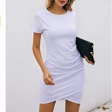 Short Sleeve Ruched Stretchy Bodycon Mini Dress | Color: White/Silver | Size: L