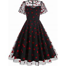 OBEEII Valentine's Dress For Women Short Sleeve/Sleeveless Heart Embroidery Mesh A-Line Swing Party Dress