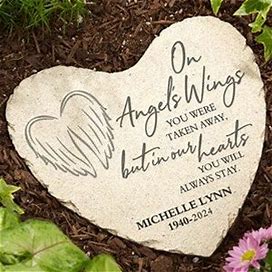 On Angel's Wings Personalized Memorial Heart Garden Stone
