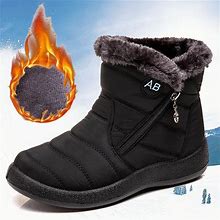 Women's Warm Lining Ankle Snow Boots | Waterproof Faux Fur Slip On Winter Booties | Zipper Short Snow Boots, Black / US6