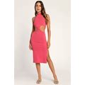 Hot Pink Knit Cutout Halter Bodycon Midi Dress | Womens | Medium (Available In XS, S, L, XL) | Lulus | Stretchy Fabric