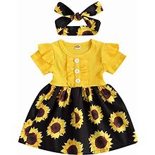 N /C Baby Girl Summer Casual Dress Ruffle Short Sleeve Leopard Dress With Headhand Sunflower Printed Outfits Onepiece Sun Dress (Yellow, 4T)