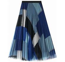 Wozhidaoke Dress For Women Women Geometric Patchwork Print Dress Mesh Skirt Mid-Calf Length High Waist Dress Skirt Elegant A-Line Skirt Dress Blue One