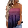 Uppada Women Sexy Strapless Tops Summer Casual Striped Color Block Tube Tops Smocked Floral Hem Tunic 2024 Trendy T-Shirts Clothes