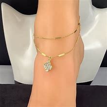 New Womens Goldtone Crystal Lucky Clover Double Chain Anklet | Color: Gold/White | Size: Os