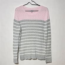 Croft & Barrow Sweater Women's Large Pink Gray Striped Cable Knit Long Sleeve