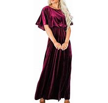 Niuer Womens Short Sleeve Velvet Maxi Dresses Crew Neck Loose Pleated Dress Flowy Formal Evening Dresses Claret L