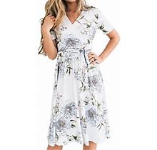 Focusnorm Women Casual Dress With Waist Belt, Floral Printed Short Sleeve Wrap V-Neck Midi Dress