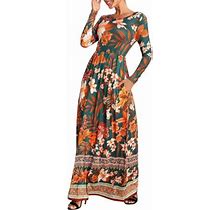 Nkoogh Womens Dresses For Summer Petite Dresses For Work Ladies Casual Boho Floral Print Round Neck Long Sleeve Dress Maxi Dress