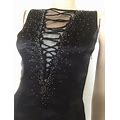 Vtg Nadine NWT Beaded Black Ankle Length Column Style Laced Plunge Bodice Formal Dress Tie Back XS 8
