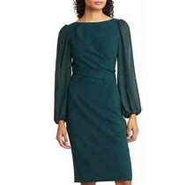 Vince Camuto Dress 2 Green Pleated Ruched Chiffon Balloon Sleeve V