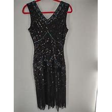 Babeyond Dress Beaded Sequence Fringe Black Xs 063