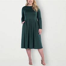 24Seven Comfort Apparel Plus Long Sleeve Midi Fit + Flare Dress | Green | Plus 3X | Dresses Fit + Flare Dresses