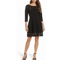 Eliza J Dresses | Eliza J Black Sheer Mesh Stripe Fit & Flare Sweater Dress 3/4 Sleeve Size M | Color: Black | Size: M