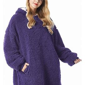 Solid Plush Hooded Robe, Warm & Comfy Wearable Blanket Robe With Pockets, Women's Sleepwear,Dark Purple,Reliable,Temu