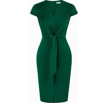 GRACE KARIN Summer Modest Short Sleeve Midi Dresses For Women Belted Slit Bodycon Dresses For Work Office Elegant Business Casual Outfits Dark Green