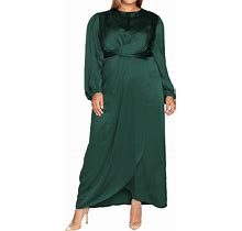 PINUPART Women's Elegant Plus Size Empire Waist Long Sleeve Satin Maxi Dress